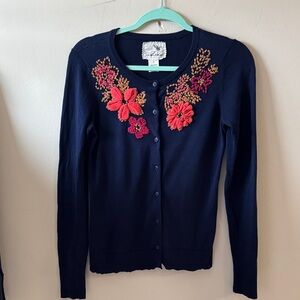 Tabitha Navy Cardigan with Coral and Pink Floral Appliqués